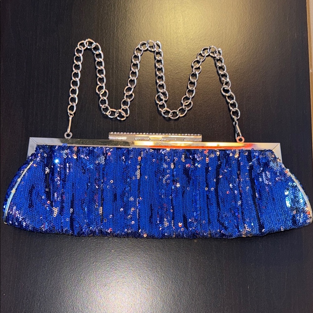 Elegant Blue Sequin Clutch with hidden strap